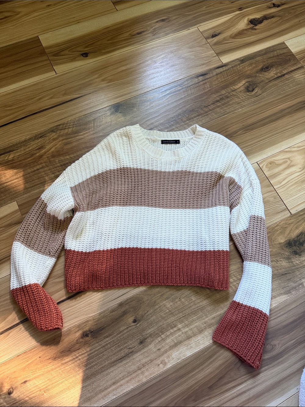 moon & madison Striped Cropped Crewneck Sweater - Cream, Beige & Rust